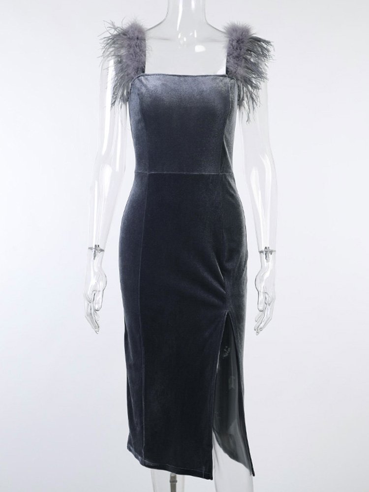 Elegant Ostrich Feather Velvet Ladies Dress