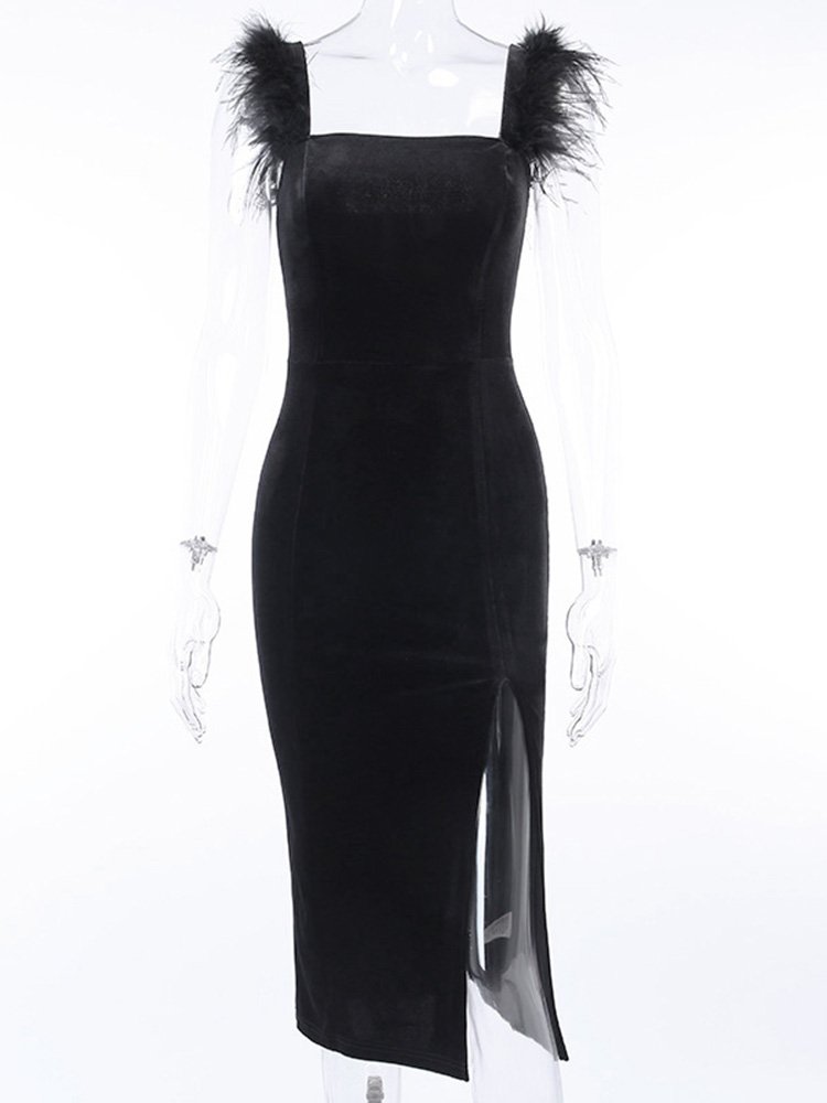 Elegant Ostrich Feather Velvet Ladies Dress