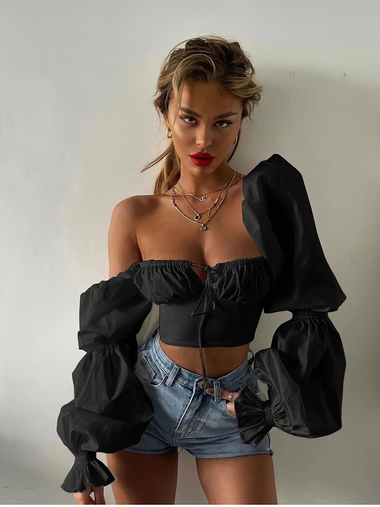 Off Shoulder Lace up Crop Top Puff Sleeve Blouses